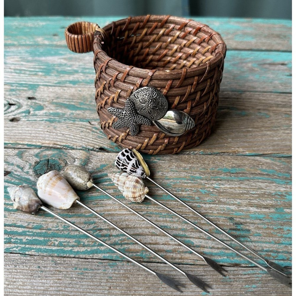 Woven Basket 3.25 Inch Bottle Cradle Cork Holder 5 Cocktail Forks Shells Beachy